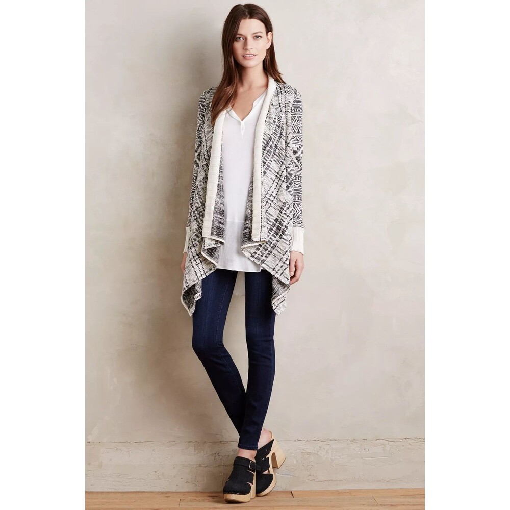 Anthropologie Cardigan Ivory Black Cotton Mazarine Jacquard Open Sz L